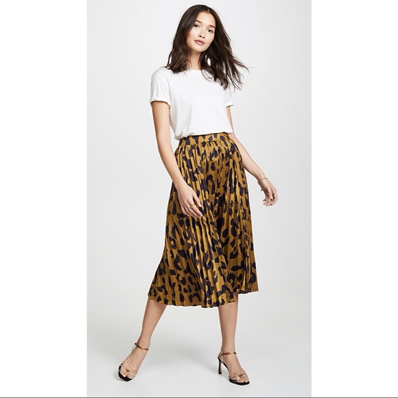 Shopbop Moon River Pleated Accordion silk midi skirt leopard print - Picture 1 of 7